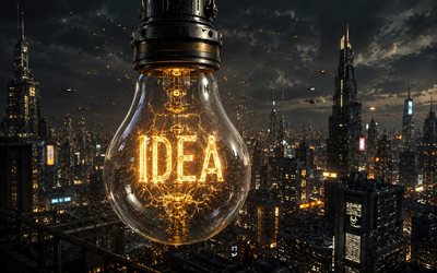 idea concepts, 4k, lightbulb, nightscape, burning light bulb, idea search, business concepts, light bulb background, idea