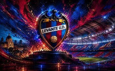 Levante UD, 4k, Spanish football club, Levante UD logo, football art, burgundy blue abstract background, Levante UD emblem, La Liga, football, Spain, Levante