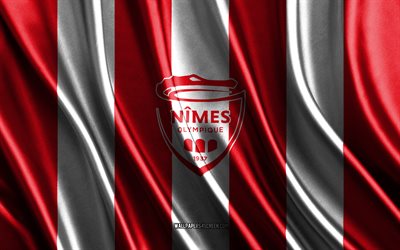 4k, Nimes Olympique logo, Ligue 2, red white silk texture, Nimes Olympique flag, French football club, silk flag, Nimes Olympique emblem, France, Nimes Olympique badge, Nimes Olympique