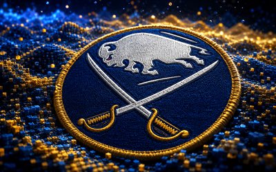 Buffalo Sabres fabric logo, 4k, blue yellow 3D background, NHL, hockey, Buffalo Sabres logo, Buffalo Sabres emblem, american hockey team, Buffalo Sabres
