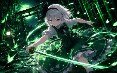 Youmu Konpaku, 4k, green sword, Torii gates, Touhou Project, manga, green glare, Touhou characters, Touhou, Konpaku Youmu, anime characters, Torii, Youmu Konpaku Touhou