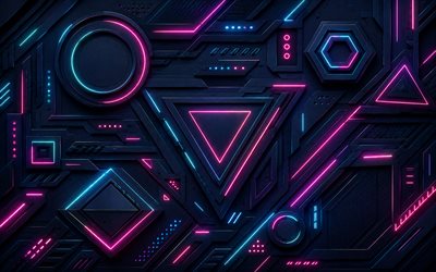 4k, geomteric figures, circles, pink blue neon rays, material design, geomteric shapes, creative, geometry, geometric patterns, artwork, dark 3D background, dark abstract background, shapes, 3D backgrounds, metal 3D background