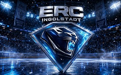 ERC Ingolstadt metal logo, 4k, spotlights, ice arena, DEL, hockey, ERC Ingolstadt logo, hockey stadium, ERC Ingolstadt 3D logo, german hockey team, ERC Ingolstadt
