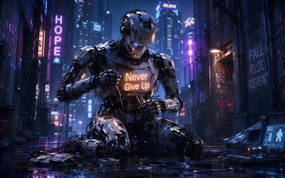 niemals aufgeben, 4k, roboter, cyberpunk, beliebte kurzzitate, geben sie niemals konzepte auf, inspiration, geben sie niemals die inspiration auf, kreativ, gib niemals die kunst auf