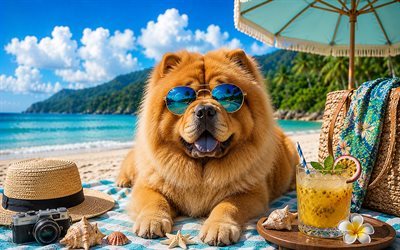 4k, Chow Chow, bokeh, summer, tropical beach, beach accessories, sea, sun lounger, sunglasses, Chow Chow on beach, dogs, cocktail, cute animals, beach, pets, dog in sunglasses, Chow Chow Dog