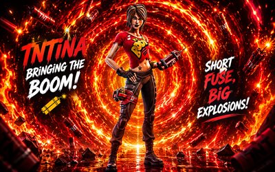 TNTina Fortnite, 4k, red 3D background, Fortnite, fan art, TNTina Skin, Fortnite TNTina Skin, creative, TNTina
