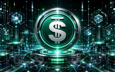 USDD 3D logo, 4k, turquoise futuristic background, cryptocurrencies, USDD metal logo, brands, USDD cryptocurrency, USDD futuristic logo, blockchain, USDD logo, USDD