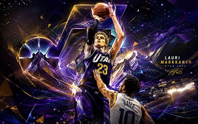 Lauri Markkanen, 4k, violet futuristic background, Utah Jazz, NBA, american basketball players, Lauri Markkanen 4K, basketball, Lauri Markkanen Art, Lauri Markkanen Utah Jazz