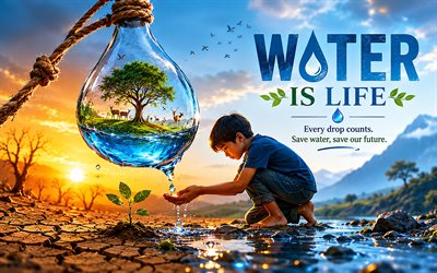 4k, Save water, small boy, 3D water drop, desert, Water conservation, ecology, blue background, water concepts, Save water concepts, eco concepts, environment, Lets Save Water Together