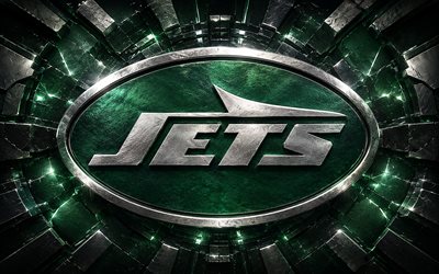 New York Jets metal logo, 4k, green metal background, NFL, american football, New York Jets logo, New York Jets emblem, american football team, New York Jets, NY Jets