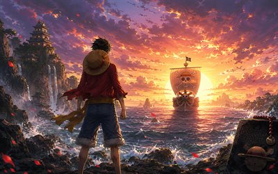 4k, Monkey D Luffy, coast, ship, One Piece, Gear Fifth, manga, sunset, One Piece characters, Monkey D Luffy chibi, Gear 5, artwork, Gomu Gomu no Mi, Monkey D Luffy One Piece