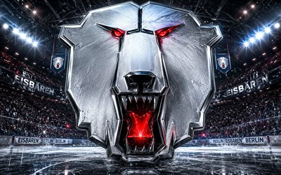 Eisbaren Berlin metal logo, 4k, spotlights, ice arena, DEL, hockey, Eisbaren Berlin logo, hockey stadium, Eisbaren Berlin 3D logo, german hockey team, Eisbaren Berlin