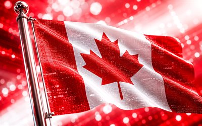 4k, Canada flag on flagpole, digital art, flag of Canada, red glare, Canadian flag, North America, fabric waves Canada flag, Canada 3D flag, Canada