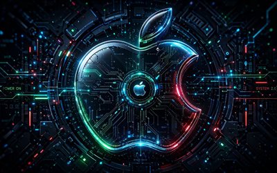 4k, Apple 3D logo, bokeh, dark futuristic background, colorful neon rays, electronics brands, Apple futuristic logo, Apple logo on microcircuit, brands, Apple logo, Apple