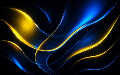 Blue and yellow waves background, 4k, neon waves background, blue and yellow abstractions, black background, neon light waves background, abstract waves background