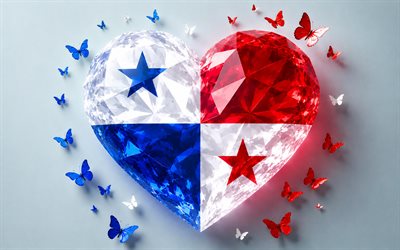 Flag of Panama, 4k, Panama flag, I love Panama, 3d crystal heart, Panama 3d flag, 3d crystal heart like Panama flag, North America, 3d art, Panama heart flag, Panama