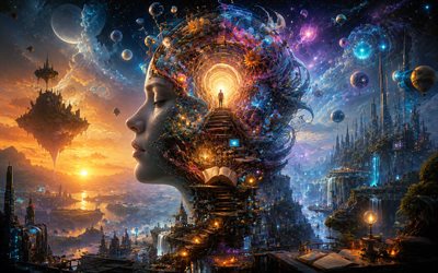 4k, idea concepts, head, steps, road to success, lightbulb, dark futuristic background, surrealism, burning light bulb, idea search, business concepts, light bulb background, idea