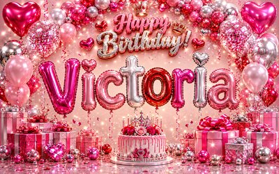4k, Victoria Happy Birthday, pink background, glossy balloons 3D letters, Victoria name, creative, Victoria Birthday, pink gift boxes, popular american female names, Happy Birthday Victoria, picture with Victoria name, Victoria