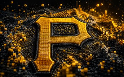 Pittsburgh Pirates fabric logo, 4k, black yellow 3D background, MLB, baseball, Pittsburgh Pirates logo, Pittsburgh Pirates emblem, american baseball team, Pittsburgh Pirates