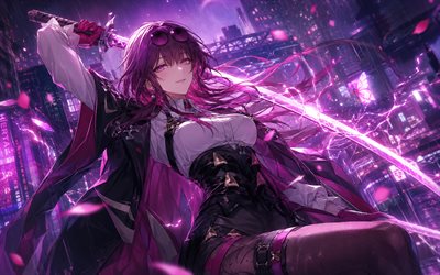 4k, Kafka, purple sword, purple nightscape, Honkai Star Rail, manga, anime characters, Honkai Star Rail characters, Kafka Honkai Star Rail