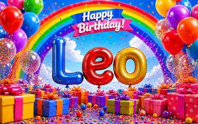 4k, Leo Happy Birthday, rainbow, balloons 3D letters, Leo name, Leo Birthday, colorful gift boxes, popular american male names, Happy Birthday Leo, picture with Leo name, Leo