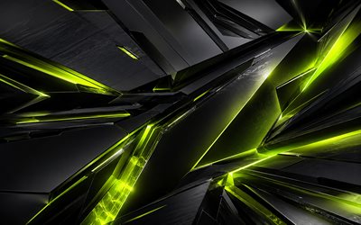 black 3D figures, 4k, lime neon glare, artwork, geomteric shapes, black 3D fragments, fragmented geometric pattern, creative, black 3D background, dark abstract background, shapes, 3D backgrounds