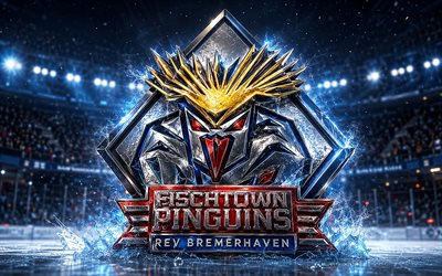 Fischtown Pinguins metal logo, 4k, spotlights, ice arena, DEL, hockey, Fischtown Pinguins logo, hockey stadium, Fischtown Pinguins 3D logo, german hockey team, Fischtown Pinguins