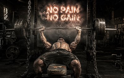No Pain No Gain, 4k, barbell chest press, gym, motivation quotes, No Pain No Gain inscription, man with barbell, grunge art, neon letters, motivation, No Pain No Gain concepts
