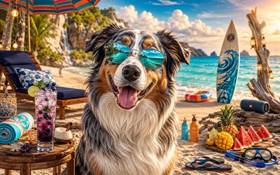 4k, Australian Shepherd, bokeh, summer, tropical beach, beach accessories, sea, sun lounger, sunglasses, Australian Shepherd on beach, dogs, cocktail, Aussie, beach, pets, dog in sunglasses, Australian Shepherd Dog