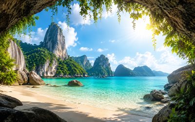 paradise, Luxury beach, tropical islands, ocean, beach, palm trees, rocks, ocean island, summer travel, summer