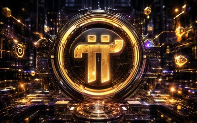 Pi Network 3D logo, 4k, golden futuristic background, cryptocurrencies, brands, Pi Network cryptocurrency, Pi Network futuristic logo, blockchain, Pi Network logo, Pi Network