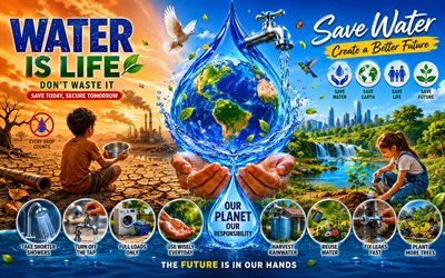 4k, Save water, kids, 3D water drop, Water conservation, ecology, blue background, water concepts, Save water concepts, eco concepts, environment, Lets Save Water Together