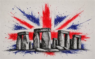 4K, Stonehenge, Wiltshire, Great Britain flag, creative grunge art, Great Britain landmarks, Great Britain grunge flag, paint splashes, UK flag, England art, Great Britain, Stonehenge art