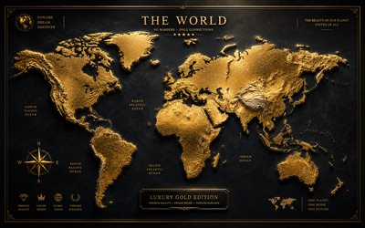 Golden world map, gray background, metal world map, 4K, 3D art, world map concepts, golden metal world map, creative world maps