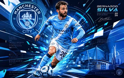 Bernardo Silva, Manchester City FC, vector art, blue white abstract background, Bernardo Silva Manchester City FC, creative art, Manchester City FC logo, Bernardo Silva Manchester City, football, Manchester City