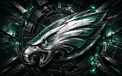 Philadelphia Eagles metal logo, 4k, turquoise metal background, NFL, american football, Philadelphia Eagles logo, Philadelphia Eagles emblem, american football team, Philadelphia Eagles