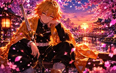4k, Zenitsu Agatsuma, sunset, yellow sword, spring, Kimetsu no Yaiba, warrior, yellow lightings, manga, protagonist, lightings, artwork, Demon Slayer, Zenitsu, Zenitsu Agatsuma Kimetsu no Yaiba