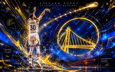 4k, Flying Stephen Curry, crative, blue futuristic background, Golden State Warriors, NBA, American basketball players, Stephen Curry, basketball, Stephen Curry art, Stephen Curry Golden State Warriors