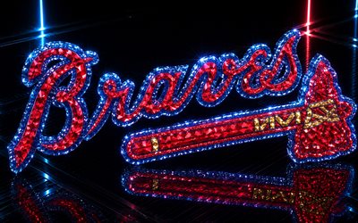 Atlanta Braves steel logo, blue red metal background, Atlanta Braves sign, Atlanta Braves emblem, baseball, MLB, USA, Atlanta Braves logo, Atlanta Braves