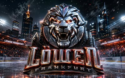Frankfurt Lowen metal logo, 4k, spotlights, ice arena, DEL, hockey, Frankfurt Lowen logo, hockey stadium, Frankfurt Lowen 3D logo, german hockey team, Frankfurt Lowen
