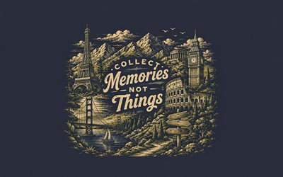 Collect moments not things, 4k, different Landmark, gray background, motivational quotes, inspiration, travel quotes, quotes about moments, creative art