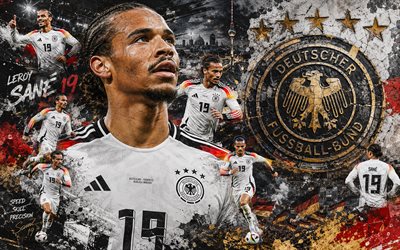 Leroy Sane, Germany national football team logo, 4K, Leroy Sane Germany, stone background, Germany national football team, mural art, football, Germany, Leroy Sane Germany national football team