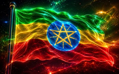 Ethiopia glowing flag, 4k, digital art, dark abstract background, Ethiopia flag on flagpole, flag of Ethiopia, Ethiopia flag, neon waves Ethiopia flag, Ethiopian flag, Ethiopia 3D flag, Ethiopia