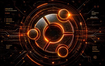 4k, Ubuntu futuristic logo, creative, orange futuristic background, orange neon rays, electronics brands, Ubuntu 3D logo, Ubuntu neon logo, brands, Ubuntu logo, Ubuntu, Linux Ubuntu