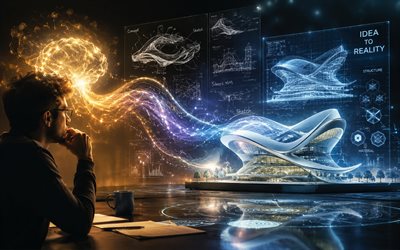 ideenkonzepte, 4k, futuristische kunst, architekt, gehirn, idee zur realität, geschäftskonzepte, idee