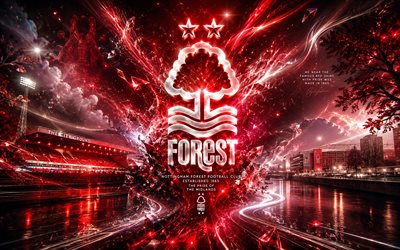Nottingham Forest FC, 4k, English football club, Nottingham Forest FC logo, football art, red abstract background, Nottingham Forest FC emblem, Premier League, Nottingham Forest logo, football, England, Nottingham Forest