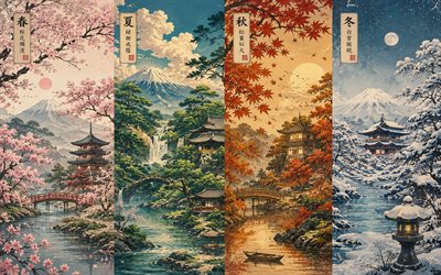 Four Seasons, 4K, Spring Summer Autumn Winter art, Japanese landscapes, 4 Seasons, Four Seasons Concepts, Japanese art, Spring Summer Autumn Winter, Spring, Summer, Autumn, Winter