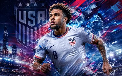 Weston McKennie, United States national soccer team, fan art, red blue abstract lines background, Weston James Earl McKennie, USA national soccer team, football, Weston McKennie USA, USMNT, soccer, USA