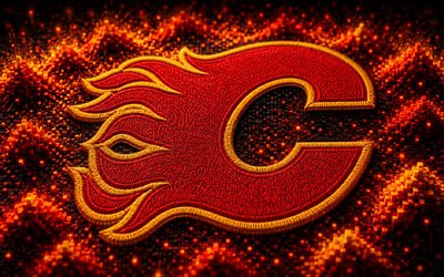 Calgary Flames fabric logo, 4k, red yellow 3D background, NHL, hockey, Calgary Flames logo, Calgary Flames emblem, american hockey team, Calgary Flames