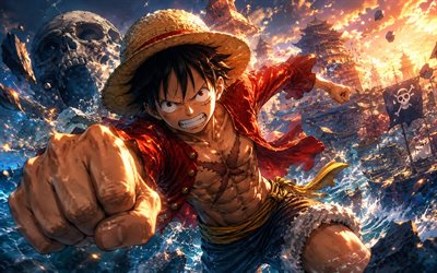 4k, Monkey D Luffy, battle, scull, One Piece, Gear Fifth, manga, darkness, One Piece characters, Monkey D Luffy chibi, Gear 5, artwork, Gomu Gomu no Mi, Monkey D Luffy One Piece